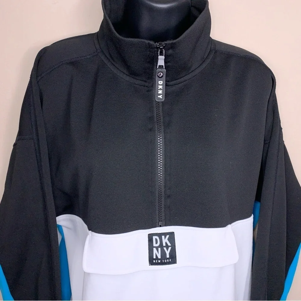 Large DKNY Sport Colorblock Athletic Jacket Golf Black White Blue Zip Collar
